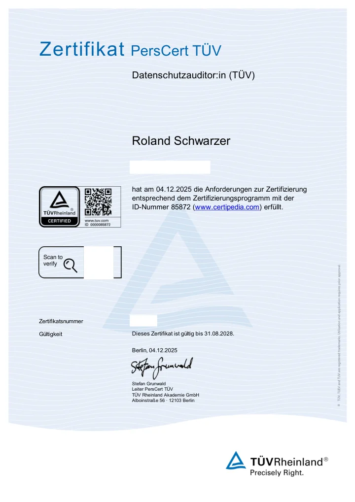 Urkundenvorschau: Datenschutzauditor (TÜV)