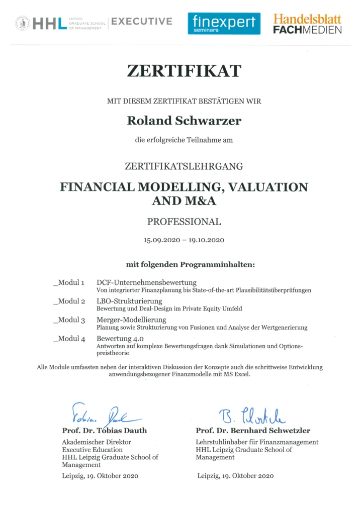 Urkundenvorschau: Finanzmodelle, Unternehmensbewertung und Übernahmen